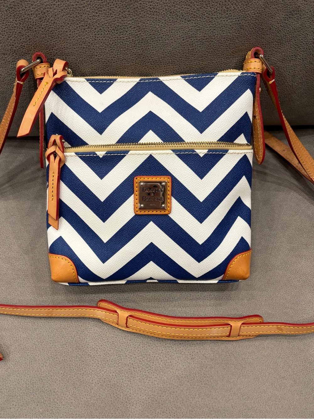 Dooney & Bourke Blue and White Chevron Crossbody with Tan Trim